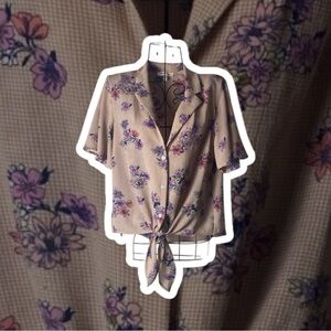 Monteau Beige and Purple Floral Button-Up Blouse